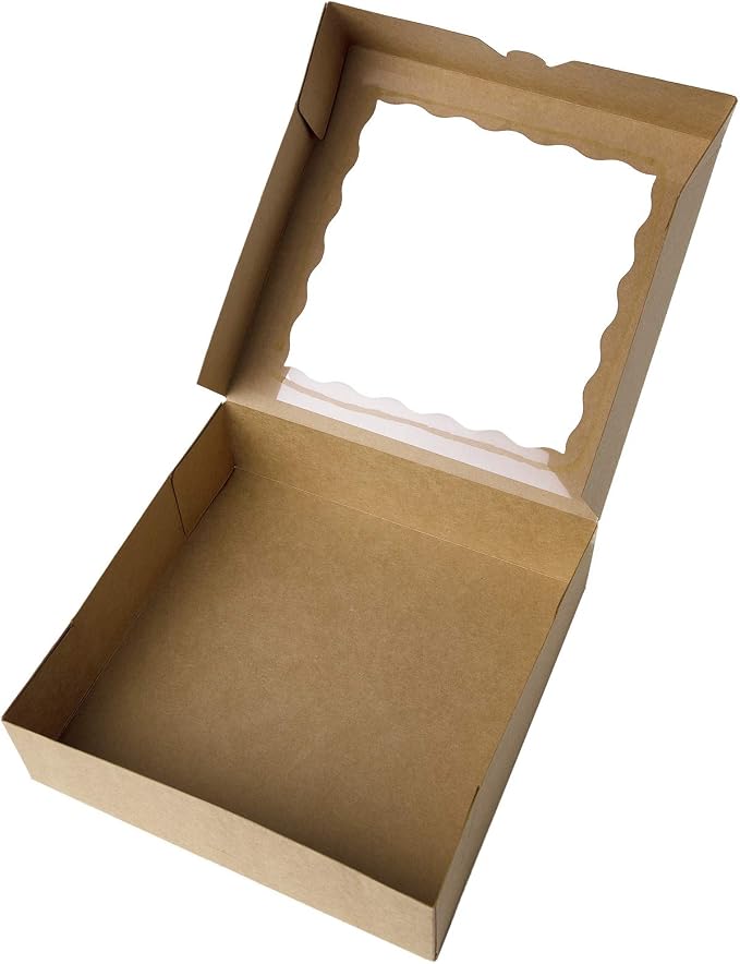 ONE MORE 10inch Natural Kraft Bakery Pie Boxes With PVC Windows,Large Cookie box 10x10x2.5inch 12 of Pack (Brown,12)