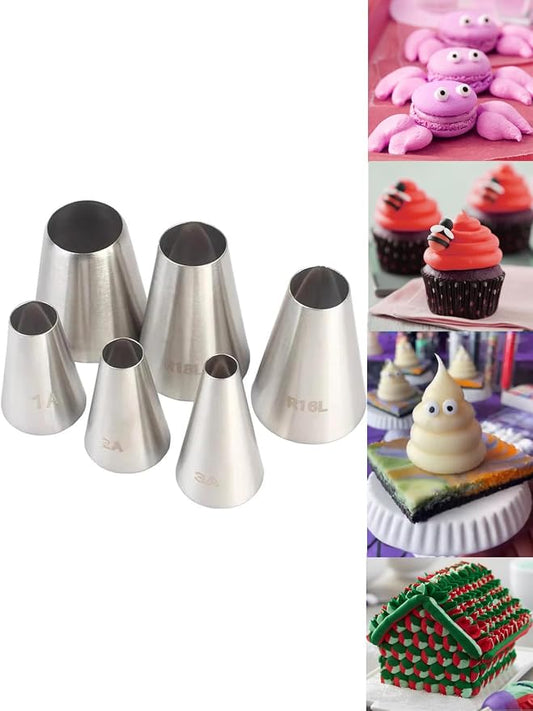 6 Pcs Large Round Piping Tips Set,1A 2A 3A R16L R18L R22L Plain Pastry Tube-Perfect for Macarons, Cake,Cupcake & Cookie Decorating
