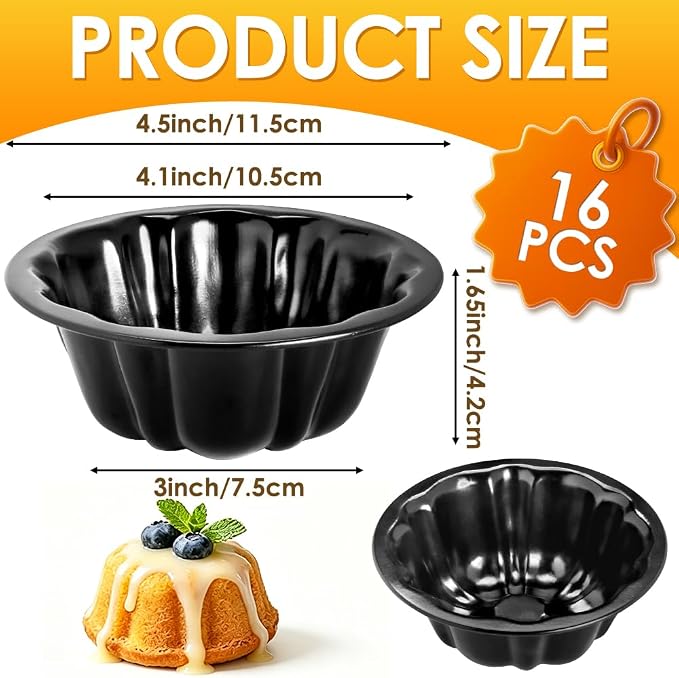 16Pcs 4 Inch Mini Fluted Cake Pan Nonstick Mini Fluted Tube Cake Pan, Carbon Steel Mini Flan Molds Pan with Oil&Dish Brushes, Reusable Oven Baking Mold for Cupcake, Bread Chocolate, Brownie