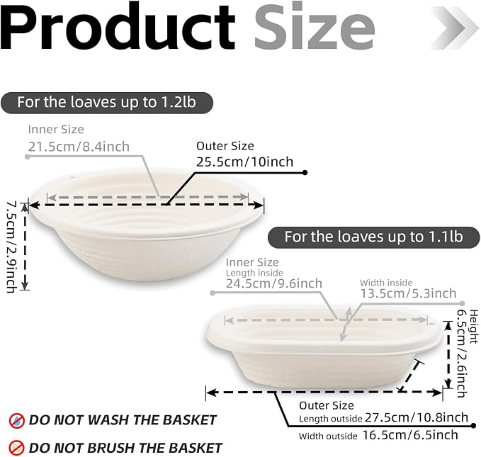2-Pack Pulp Sourdough Bread Proofing Basket Set, 10" Round & 11" Oval Bannetons with Linen Liners