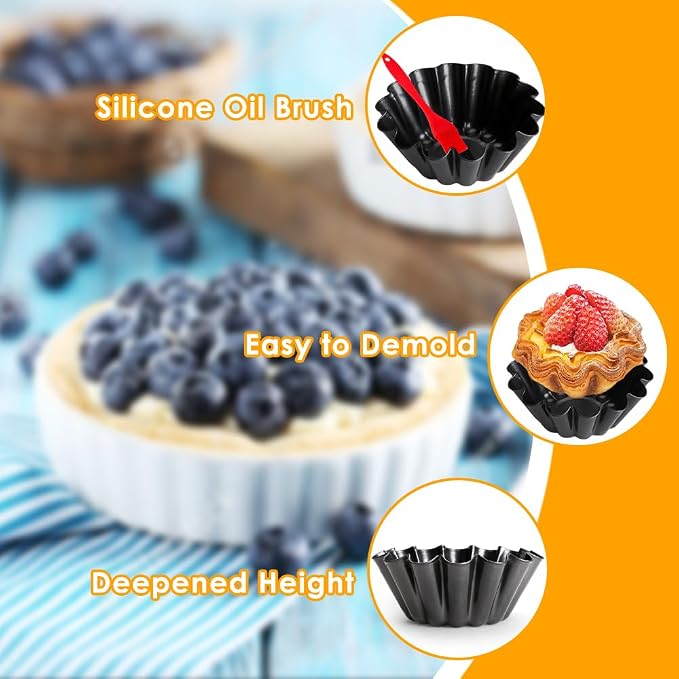 6 Pack Mini Pie Pans, 6.1 Inch Mini Pie Tins Heavy Duty Deep Quiche Pan, Carbon Steel Mini Tart Pan Nonstick Reusable Pie Pans Fluted Side with Oil Brush&Silicone Scrubber