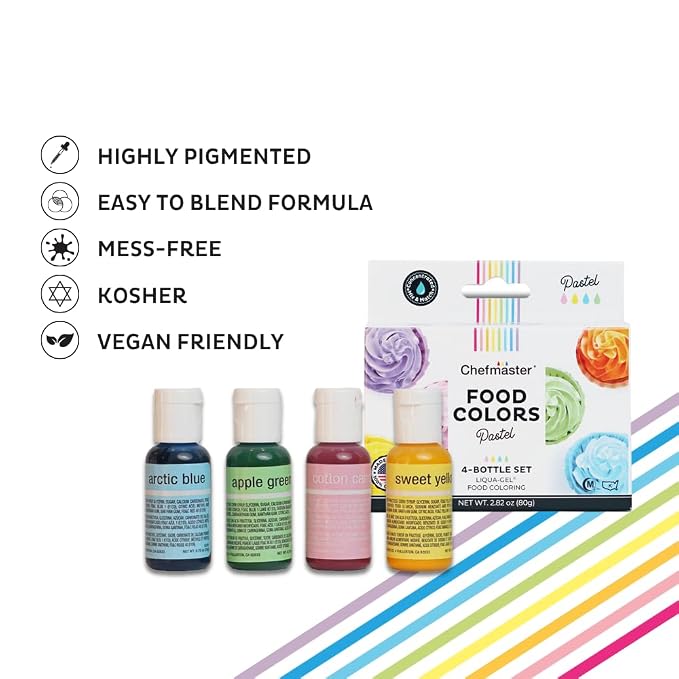 Chefmaster - Pastel Easter Colors Liqua-Gel Food Coloring Kit - Water-Based Food Coloring Gel - 4 Pack - Highly Pigmented, Create Vividly Colored Desserts, Easy-To-Blend Formula - Made in the USA