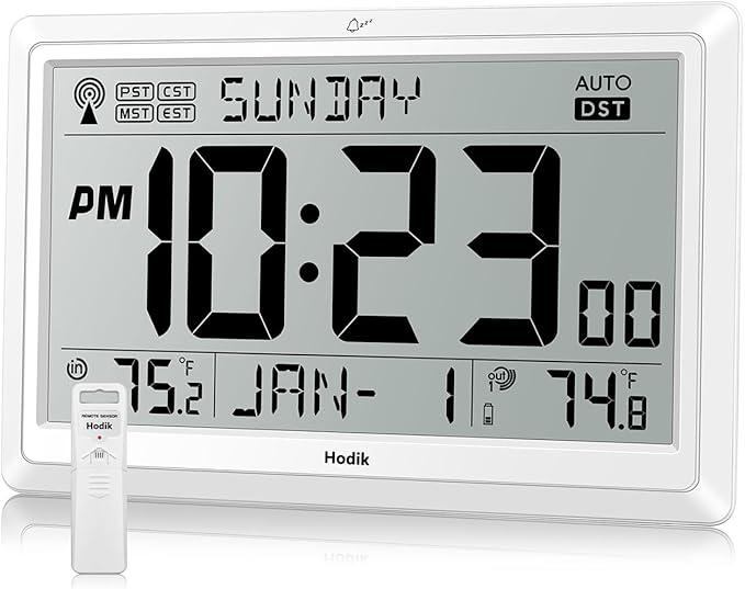 HODIK Wall Clock Atomic with Indoor Outdoor Temperature Battery Powered, Easy Reading with 10.5 Inch LCD Display, 330FT Range Table Wall Clock with DST, 12/24 Hour for Living Room Kicthen (White)