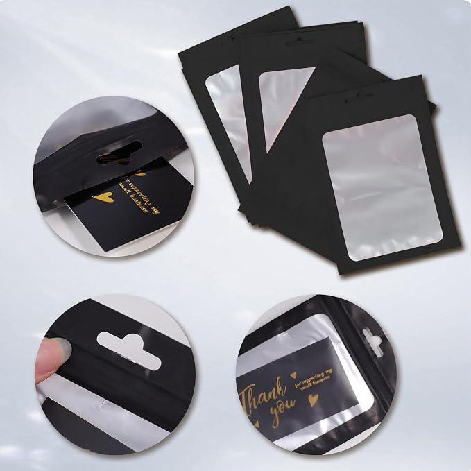 620pcs Thank You Business Cards & Stickers Set - Gold Foil, 100 Cards, 500 Stickers, 20 Resealable Bags (Black)
