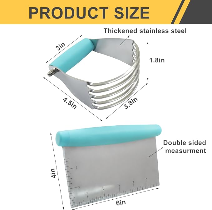 Stainless Steel Bench Scraper and Pastry Blender Cutter Set,Multipurpose Kitchen Baking Essential Tool with Comfortable Grip Handle for Baking/Nut Pie Dough Processing(Turquoise)
