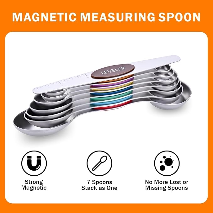 13-Piece Magnetic Measuring Spoons and Cups Set, Stainless Steel Kitchen Measure Tools with Silicone Handles, Nesting Dry and Liquid Measuring Cups for Baking Cooking (Multicolor)