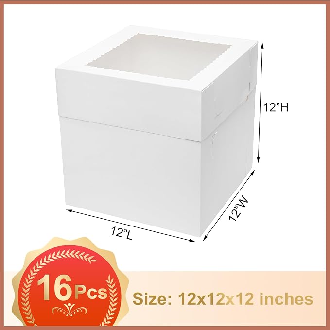 Mcfleet 16pcs Tall Cake Boxes 12x12x12 Bakery Boxes for Tier Cakes with Window 12 Inch White Large Cardboard Bakery Take Out Carrier Containers with Lids for Wedding, Birthday, Party