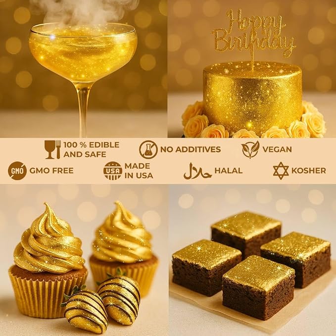Gold Edible Glitter for Drinks 20g - Gold Edible Glitter for Cakes Cocktails Cake Decoration Sprinkles - Gold Luster Dust for Cocktail & Cake Topper Chocolate Baking Decorating Fondant Cookies - Drink Shimmer Spray Flakes - Food Grade Vegan, Kosher, Ha...