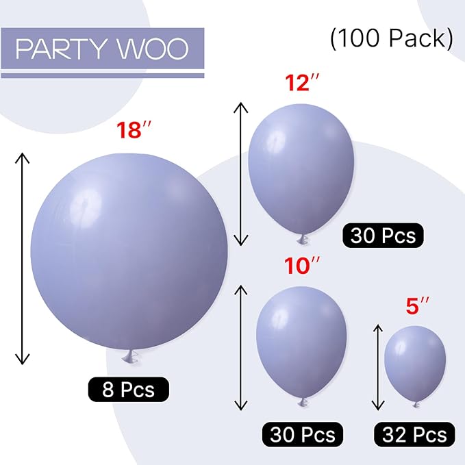 PartyWoo Dusty Blue Balloons 100pcs Different Sizes Pack of 18 12 10 5 Inch Boho Dusty Purple Muted Lavender Balloon Arch Kit for Baby Shower Anniversary Graduation Birthday Party Decorations Blue-F16