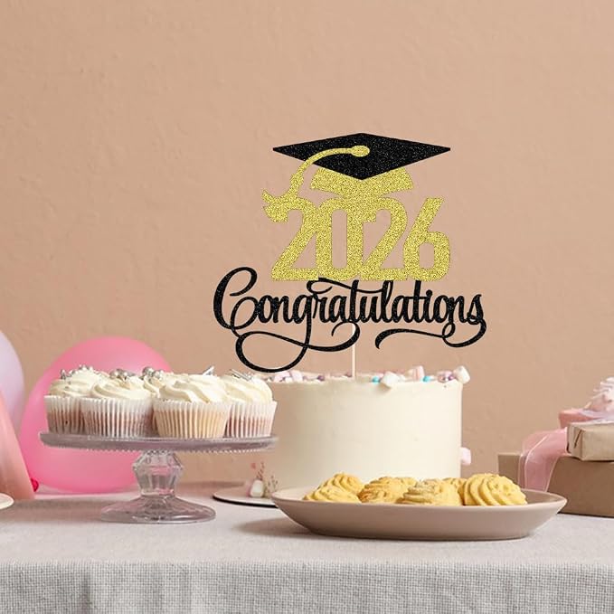 Black Gold Glitter 2026 Congratulations Graduation Cake Topper,Congrats Grad Cake Decor - 2026 High School/College/Senior Graduation Party Decorations Supplies (Black gold)