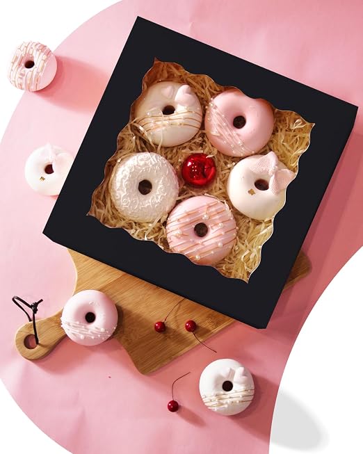 qiqee 10"x 10"x 2.5" Black Pie Boxes with Window 120Packs Cookie Donut Bakery Box (Auto-pop Up)