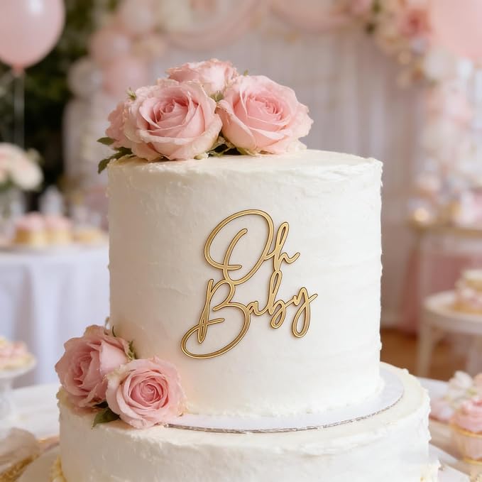 Acrylic Gold Oh Baby Cake Topper, Baby Welcome Party Cake Decoration Acrylic Cake Decoration for Baby Shower Gender Reveal Birthday Party Supplies