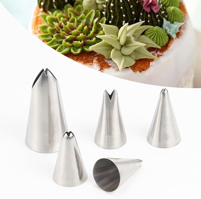Leaf Piping Tip Set, 5-Piece Stainless Steel Icing Nozzles – Decorative Border Bowknot, Skirt Edge, Ruffle Icing Piping Tips for Cake Decorating and Pastry Decoration Baking Tools