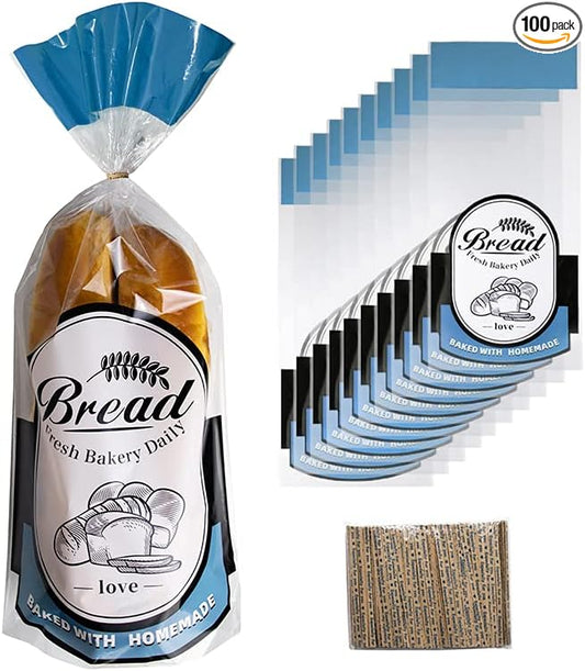 Plastic Bread Bags with Twist Ties, 100 Packs Clear Bread Bags for Homemade Mini Loaf/Donut/Muffin/Bagel - 18 * 9.8 * 3 inch (Blue)