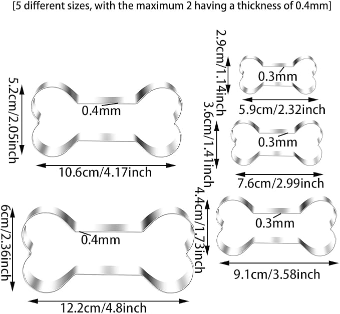 Dog Bone Cookie Cutters, Stainless Steel, 5pc, 2.32-4.8in | Food Grade, Sturdy