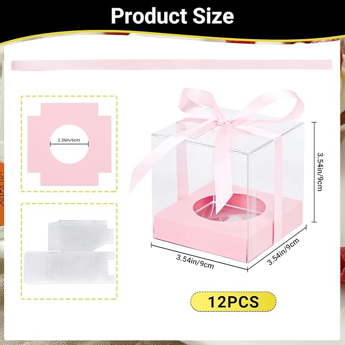 EUSOAR Plastic Pink Cupcake Boxes, 12pcs 3.5 Inch Clear Individual Cupcake Containers Storage for Cake Dessert, Single Transparent Cupcake Holder Carrier with Ribbons for Wedding Party Bakery Favor