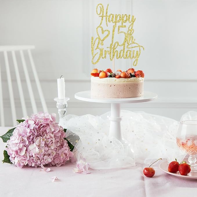 Gold Glitter Happy 15th Birthday Cake Topper - Cheers to 15 Years Cake Topper, 15 & Fabulous Cake Decoration for Hello 15th Birthday Anniversary Party Cake Decorations Supplies