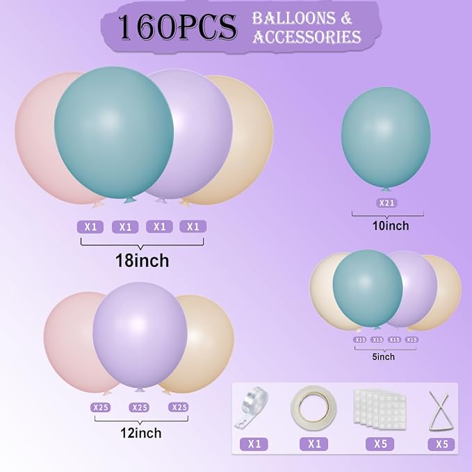 Blue Purple Pink Nude Balloon Garland Arch Kit, 160Pcs Latex Balloons Different Size Balloons 18 12 10 5 inch for Birthday Baby Shower Wedding Bridal Shower Party Decorations