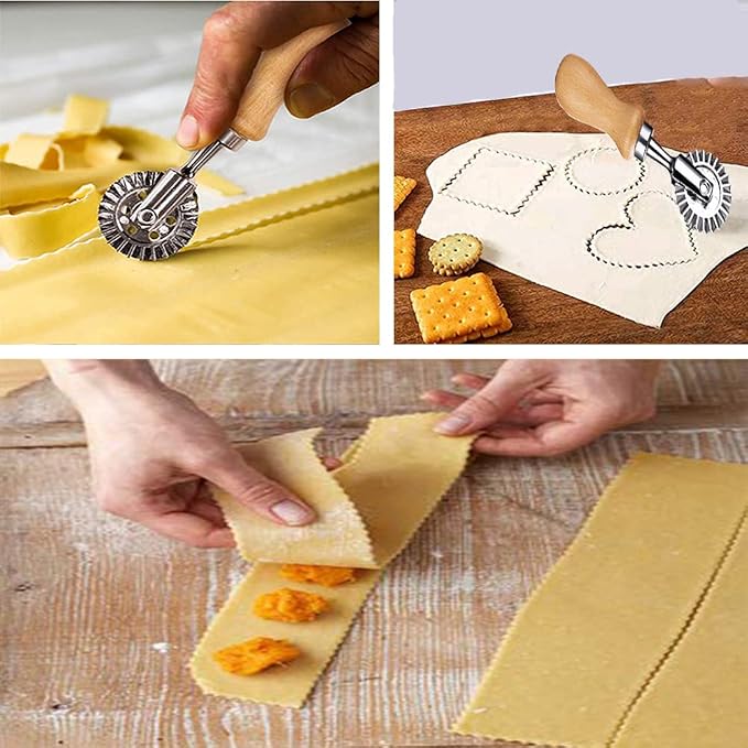 Ravioli Cutter Stamps with Roller Wheel Round Mold with Wooden Handle and Fluted Edge Pasta Press Pasta Cutter for Home and Kitchen Use- 1.3" Diameter