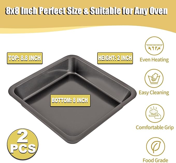 2 PCS Square Nonstick Loaf Pan Set, 8 x 8 Inch Carbon Steel Rectangle Bakeware with 100 Parchment Liners for Baking Toast, Cakes, Banana Breads, Gray