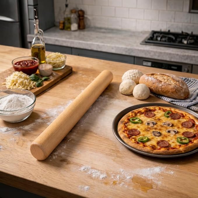 15.5 Inch Straight Rolling Pin – Lightweight Solid Wood, Unfinished & Chemical-Free, Natural Grain Texture (Not Smooth), for Pizza, Pastry, Pie – Rustic Charm, Great for Beginners
