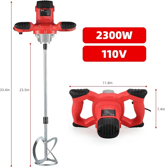 Cement Mixer 2300W, Handheld Electric Concrete Mixer with 6 Adjustable Speed, 110V Portable Mud Mixer Paint Mixer for Motar Grout Plaster Thinset Fodder Stirring Tool