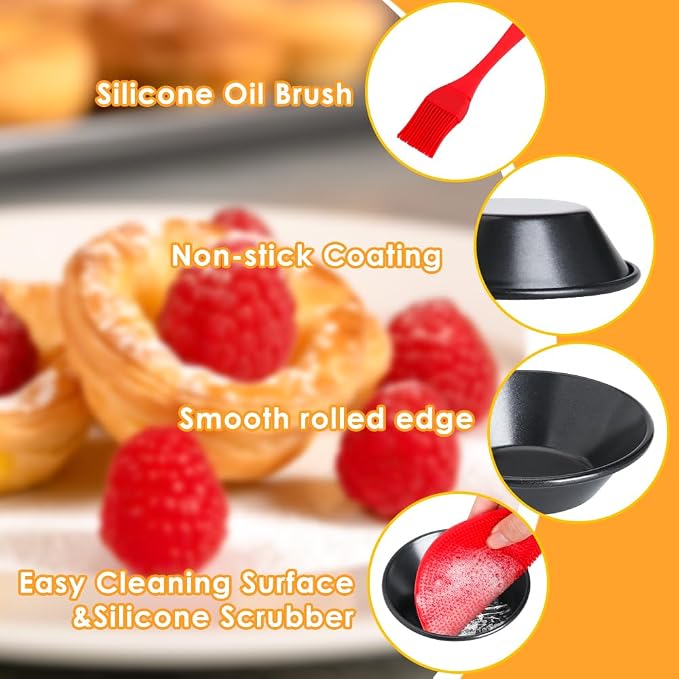 8 Pack Egg Tart Molds, Non-Stick Tartlets Dessert Mold Pans, Mini Tiny Pie Carbon Steel Muffin Tins, Cupcake Pans w/Oil & Dish Brushes for Cakes, Cookies, Quiche