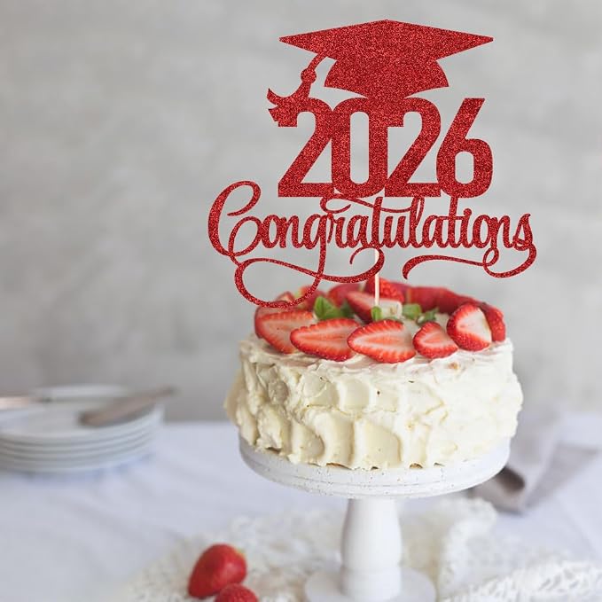 Glitter 2026 Congratulations Graduation Cake Topper,Congrats Grad Cake Decor - 2026 High School/College/Senior Graduation Party Decorations Supplies (2026 Congratulations red)