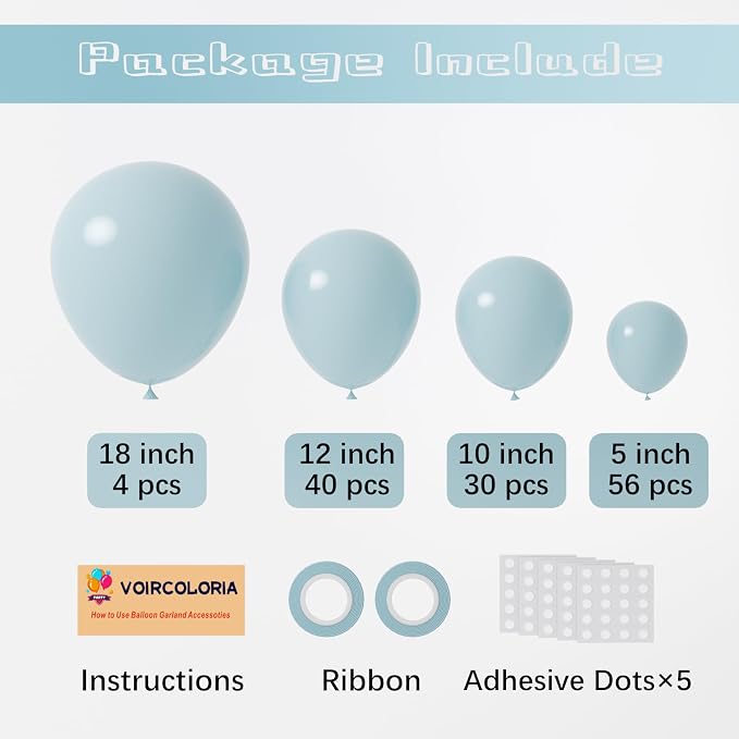 Voircoloria 130pcs Pale Aqua Balloons Different Sizes 18" 12" 10" 5" Aqua Blue Latex Balloon Garland Arch Kit for Birthday Baby Shower Graduation Wedding Gender Reveal Anniversary Party Decorations