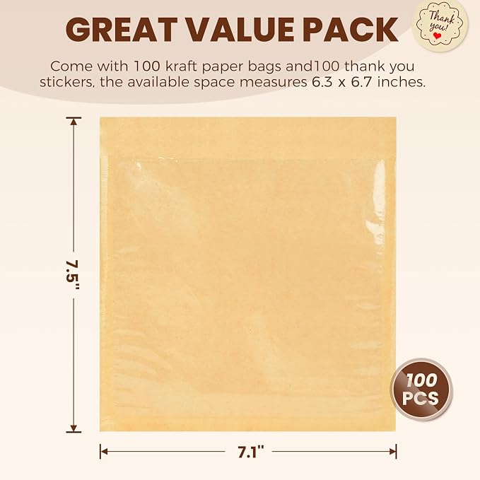 100 Pack Self Sealing Cookie Bags with Seal, 7.1x7.5 Inch Bagel Bags with Clear Window, Grease Resistant Bakery Packaging for Cake Pop, Donuts, Brownie, Pastry, Scone and Other Treats
