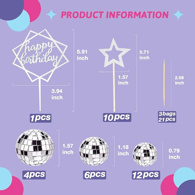 33Pcs Disco Ball Cake Toppers Silver Disco Balls Cake Decorations with Mirror Balls Happy Birthday Cake Topper and Star Cake Toppers for 70s 80s Disco Music Dance Themed Party Decorations Supplies