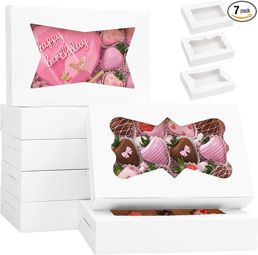 TOMNK 7pcs Cookie Boxes, 12x8x2.5 Inches White Bakery Boxes with 3 Style Window for Chocolate Strawberries, Breakable Heart, Pastries, Desserts, Cake Pops & Treats, Great Gift for Mom