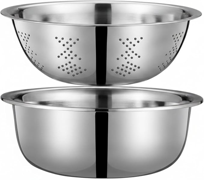 2-Piece Stainless Steel Colander and Bowl Set, Nested Strainer for Washing Veggies, Draining Pasta, and Food Prep (Silver)
