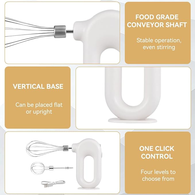 4 Speed Electric Hand Mixer, Mini 4 Speed Adjustable Cordless USB Rechargeable Electric Whisk Hand Mixer Portable Handheld Mixer 1500mAh Egg Beater (White)