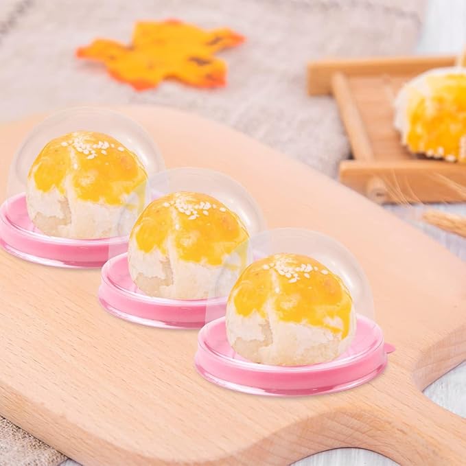 PRALB 100 Set 2.75x2.75x2 inch Mini Cupcake Boxes Clear Plastic Muffin Pod Dome Muffin Single Container Box Wedding Birthday Gifts Supplies for Cheese Pastry Dessert Mooncake (round, pink)