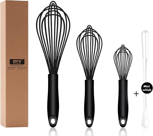 OYV Dishwasher Safe Silicone Whisk, Sealed Waterproof Design Set of 3, Professional Kitchen Whisks for Cooking Non-Scratch, Silicone & Stainless Steel Whisk, Heat Resistant Balloon Egg Beater, Black