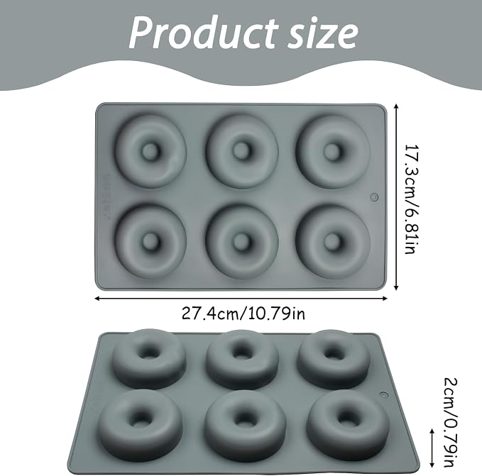 Silicone Donut Mold Pans, 6 Cavity Non-Stick Baking Tray for Chocolate Dessert, Gray, 10.8 x 6.8 x 0.8 inches