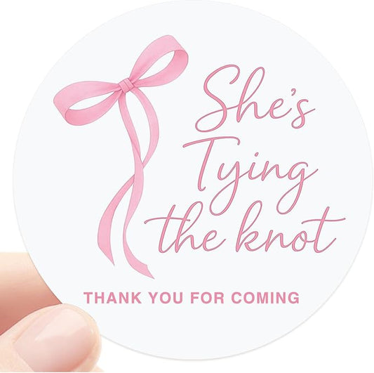 120 Bridal Shower Stickers, She's Tying the Knot Thank You Favor Stickers, Pink Bow Bride Sticker Labels for Bride to Be, Bridal Shower Favors, Gift Bags, Favor Boxes, Engagement Party, 1.6 Inch
