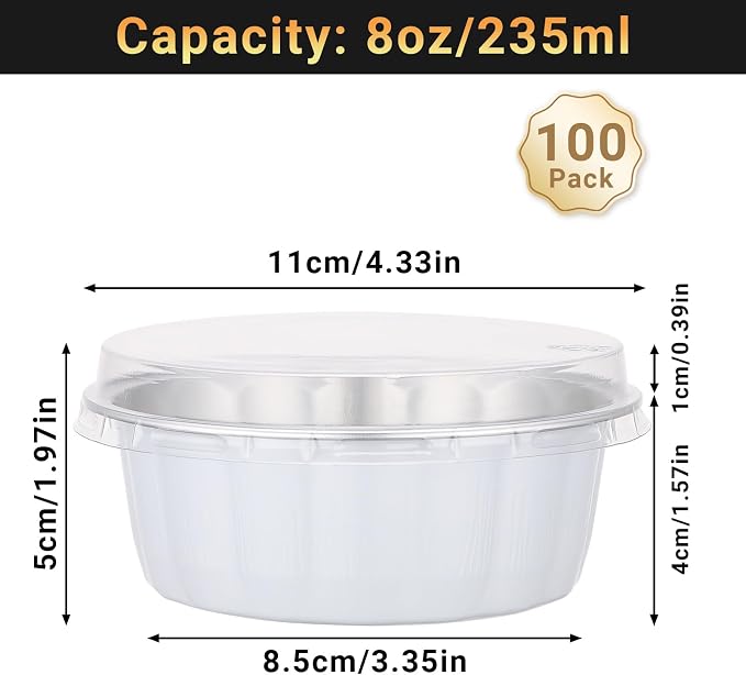 Beasea Aluminum Cups for Baking, 8oz 100 Pack Disposable Ramekins with Lids, Aluminum Foil Baking Cups Creme Brulee Muffin Cupcake Mini Pudding Ramekin Tin for Party Wedding - White