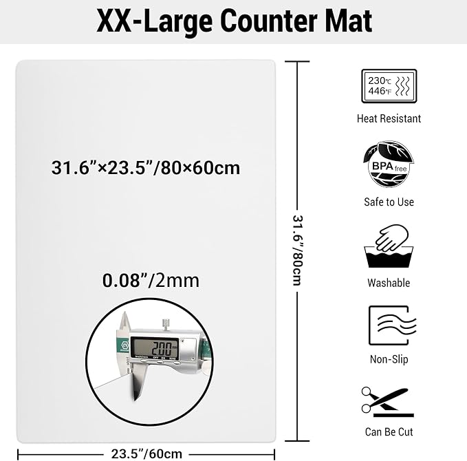 Ewen 31.6x23.5in 2mm Silicone Mats for Kitchen Counter, Extra Large Thick Heat Resistant Bar Mats for Countertop Protector Nonslip Placemat for Air Frye Crafts Work Glass Top Stove Work Translucent