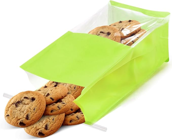 50-Pack Reusable Bakery Bags - Windowed Kraft Paper Bags with Seal & Tin Tie Tab Lock - Upright Cookie, Bread & Pastry Packaging (Green)