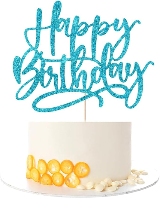 Kaoenla Happy Birthday Cake Topper, light blue Glitter handwork Happy Birthday Cake Decoration Suitable For Anniversary/Birthday Party Decor