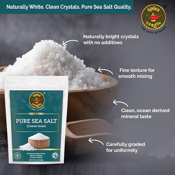 Spice Magic Pure Sea Salt, Coarse Grain, 2 lb (32 oz)|Unrefined | Ideal for Salt Grinders Cooking & Culinary Use