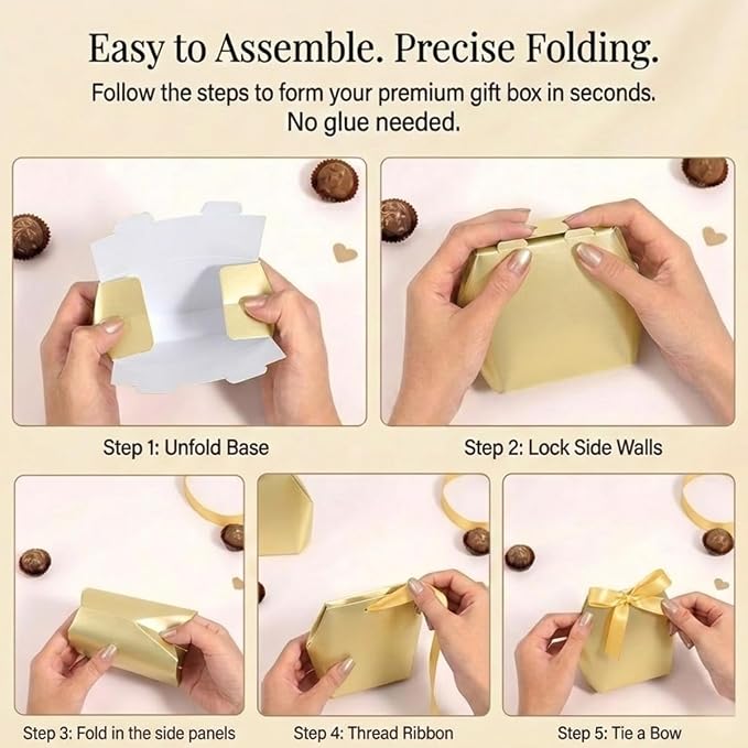 Rowcay Small Gift Boxes with Ribbons, 10 Pack Gold Foldable Empty Gift Boxes for Wedding Party Favors, Cookies, Candy, Jewelry, Small Presents, Gift Packaging and Favor Displays