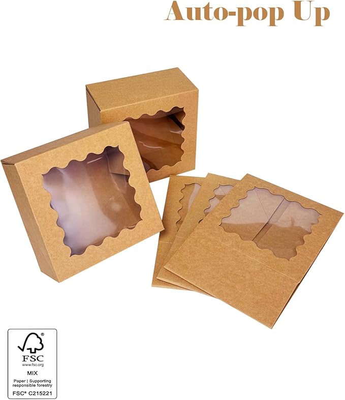 qiqee Auto-pop up Cookie Box with Window 6x6x3 Inch Brown 60Pcs Pastry Macaron Bakery Pie Box For Packaging