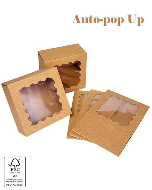 qiqee Auto-pop Up 240pcs Brown Bakery Box with Window 6"×6"×3" Macaron Boxes Small Donut Pastry Boxes for Party Mini Cookie Boxes