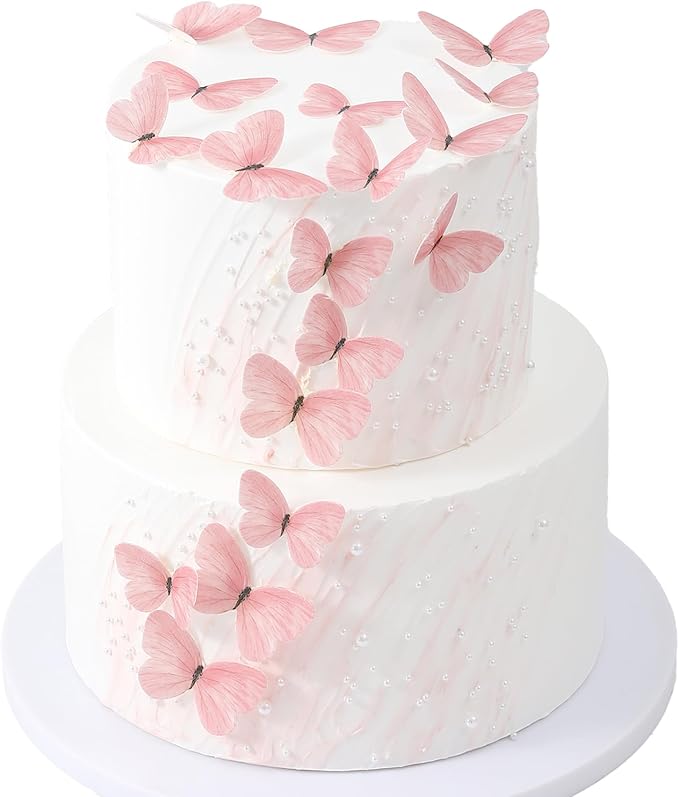 58Pcs Pink Edible Butterflies Cake Toppers Wafer Glutinous Paper Butterfly for Cake Cupcake Decoration Colorful Small Pastel Cupcake Topper Decoratings for Wedding Birthday Baby Shower(Mix Size)
