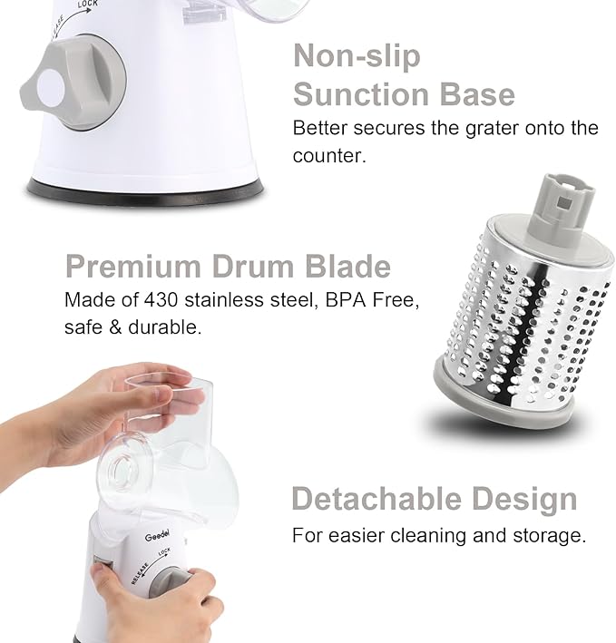 Geedel Rotary Cheese Grater, Kitchen Mandoline Vegetable Slicer with 3 Interchangeable Blades, Easy to Clean Rotary Grater Slicer for Cheese, Vegetables, Nuts