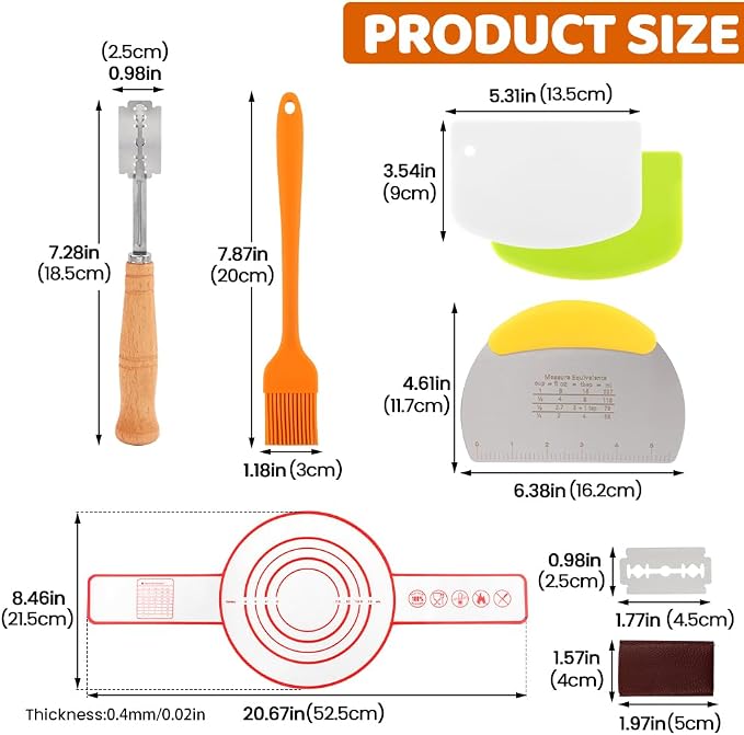 Bread Baking Tools Set, 12 Piece Kit with Silicone Baking Mat 21.5 cm, Bread Lame with 5 Blades and Pouch, Pastry Brush, 3 Dough Boards, Oven Safe Dishwasher Safe