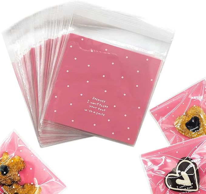 100pcs Pink Self-Adhesive Treat Bags – Small Cellophane Cookie Bags for Candy, Bakery, Party & Wedding Favors (3.94” x 3.94”)